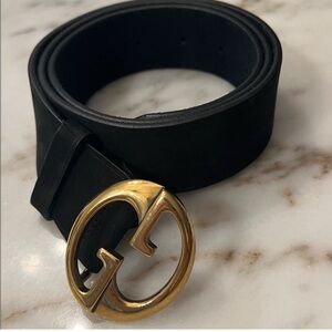 Gucci Black suede Belt with Gold Double G Buckle from 1973